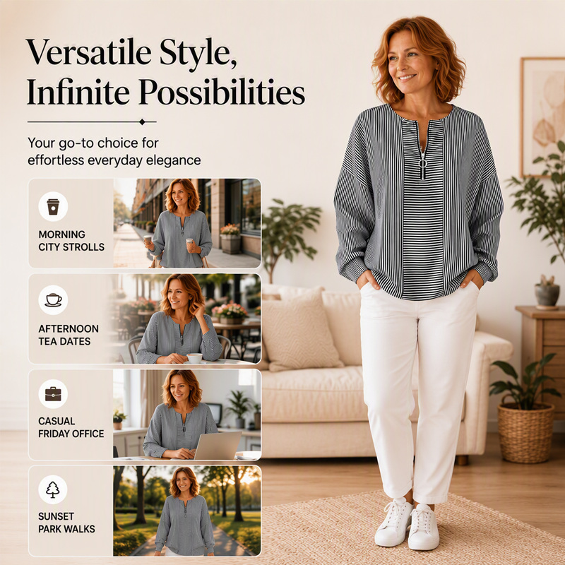 Women's Striped Zip-Up Long Sleeve Top