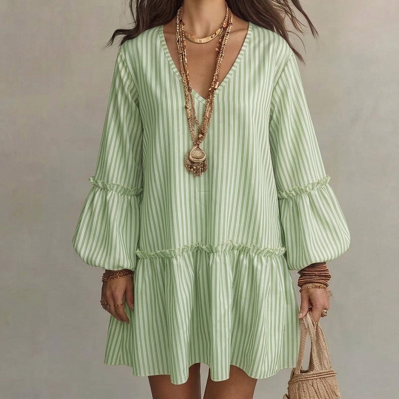 Women Striped V Neck Long Sleeve Lantern Sleeve Loose Dress