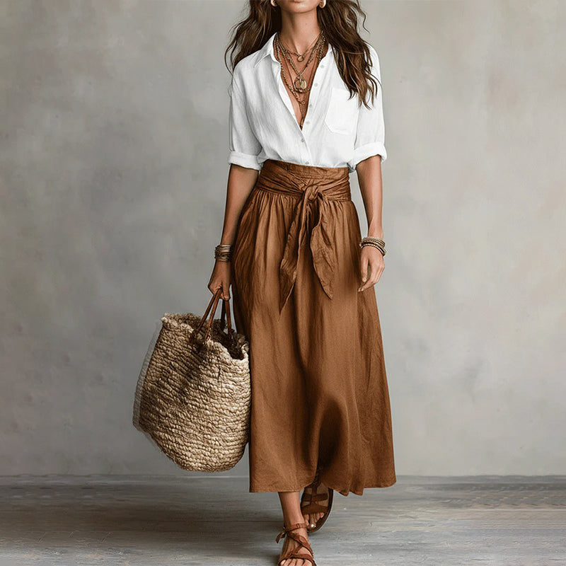 Women's Elegant Shirt & Tie-Waist Skirt Set