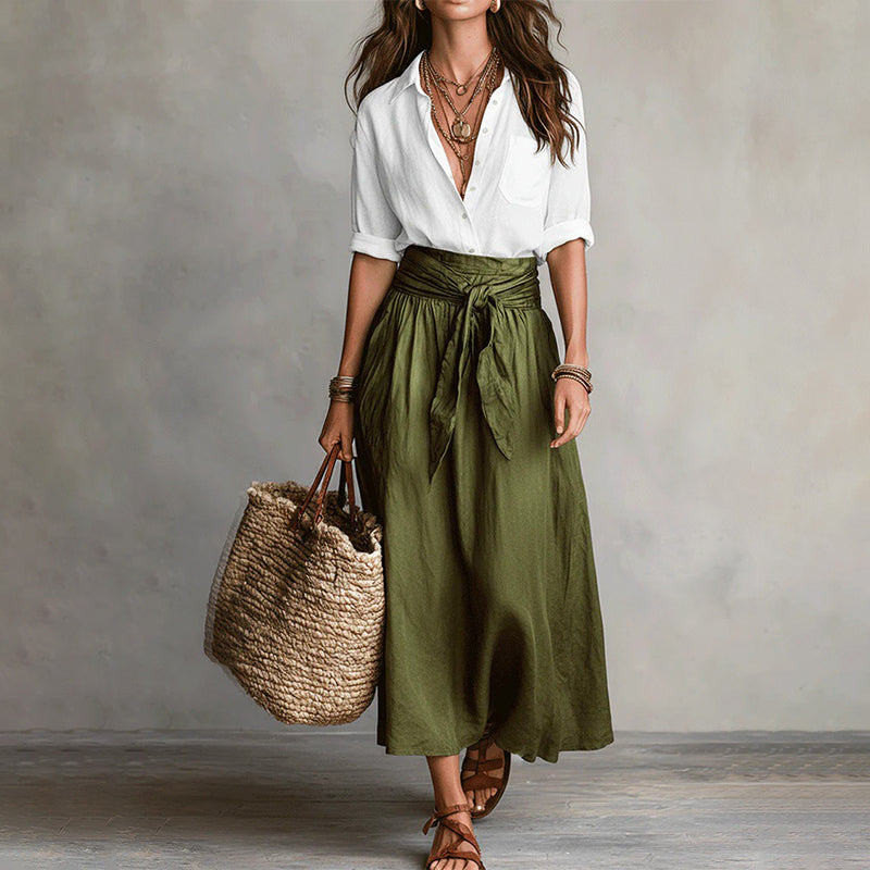 Women's Elegant Shirt & Tie-Waist Skirt Set