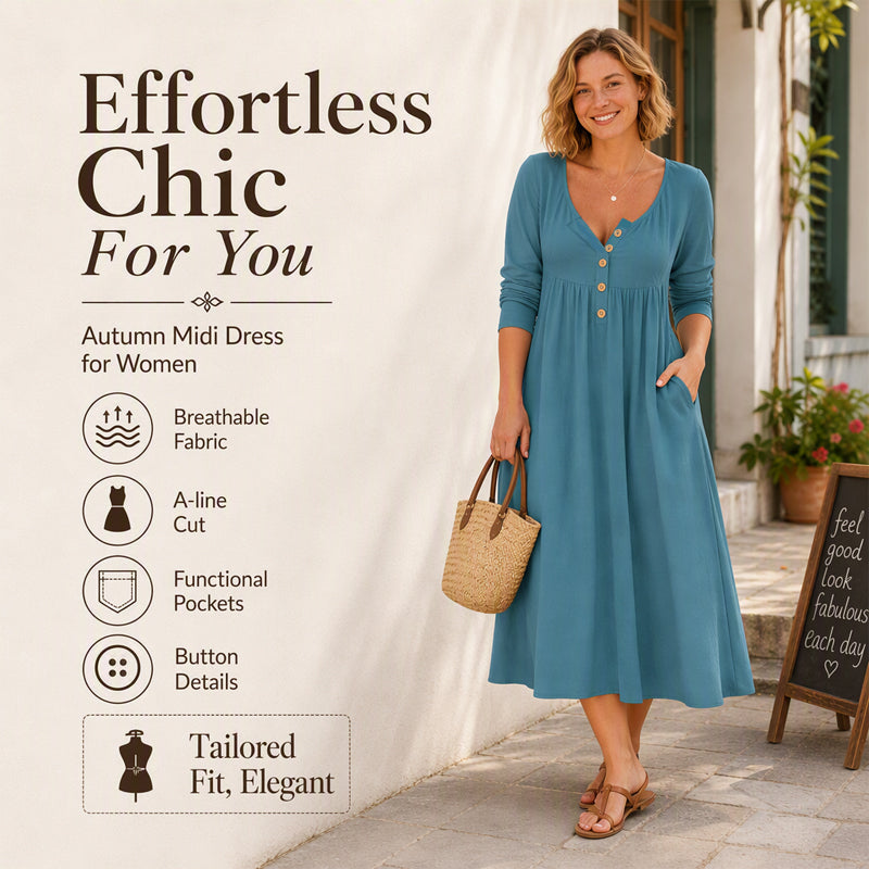 Women's V-Neck Button Pleated Dress