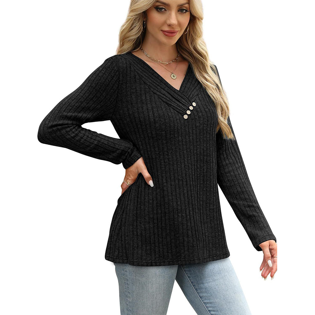 Women's Ribbed Knit V-Neck Top with Decorative Buttons