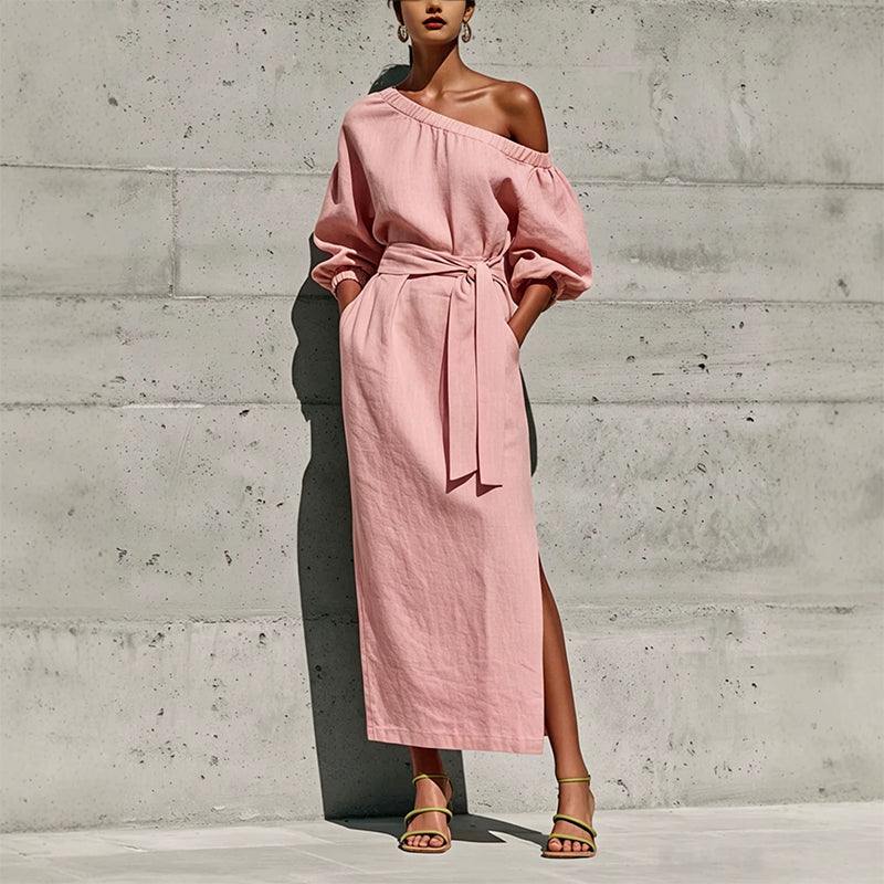 Women's Elegant One-Shoulder Belted Dress