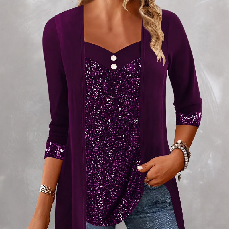 ✨👚New Arrivals - Mock Layered Top with Sequin Detail – Eye-Catching Shine & Versatile Wear for Any Occasion