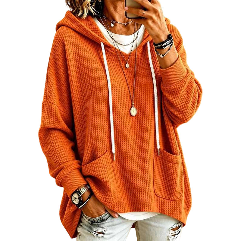 ⌛Limited-Time Offer-Women's Waffle Knit Loose Hooded Sweatshirt with Pockets