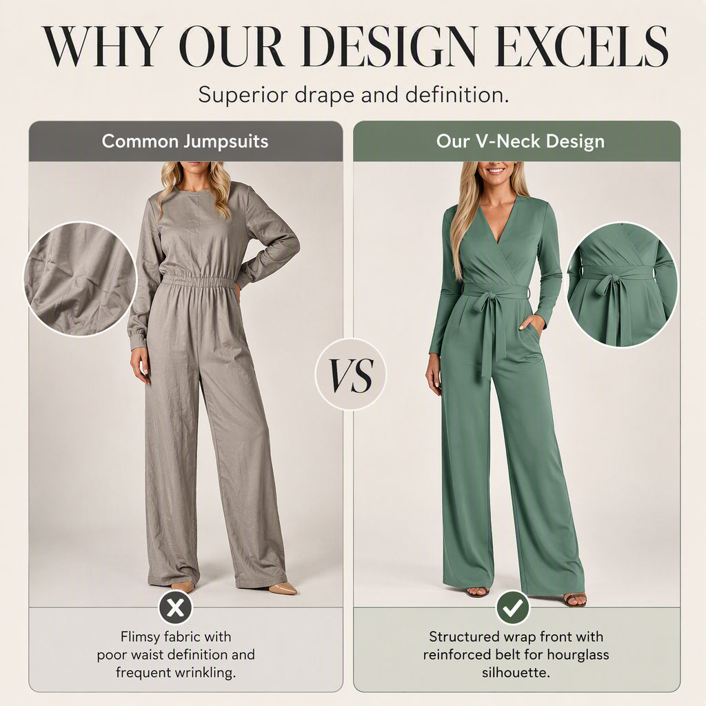 🎀Women's Long Sleeve V-Neck Jumpsuit with Belt – Effortless Elegance in One Look