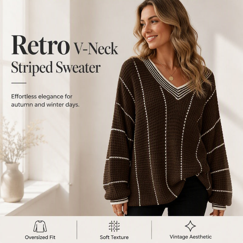 ⌛Limited-Time Offer-Women's Loose Casual V-Neck Striped Sweater