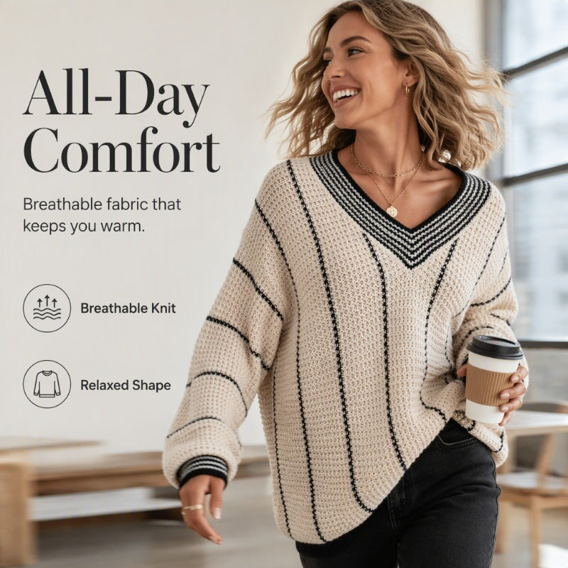 ⌛Limited-Time Offer-Women's Loose Casual V-Neck Striped Sweater