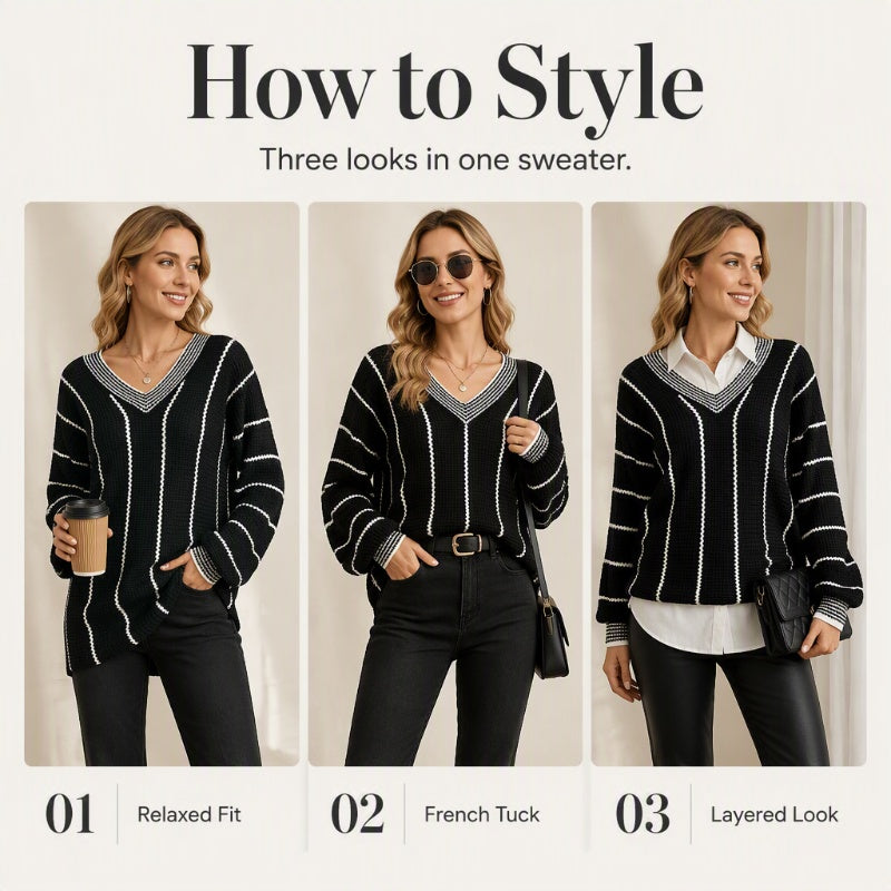 ⌛Limited-Time Offer-Women's Loose Casual V-Neck Striped Sweater