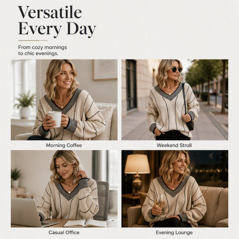 ⌛Limited-Time Offer-Women's Loose Casual V-Neck Striped Sweater