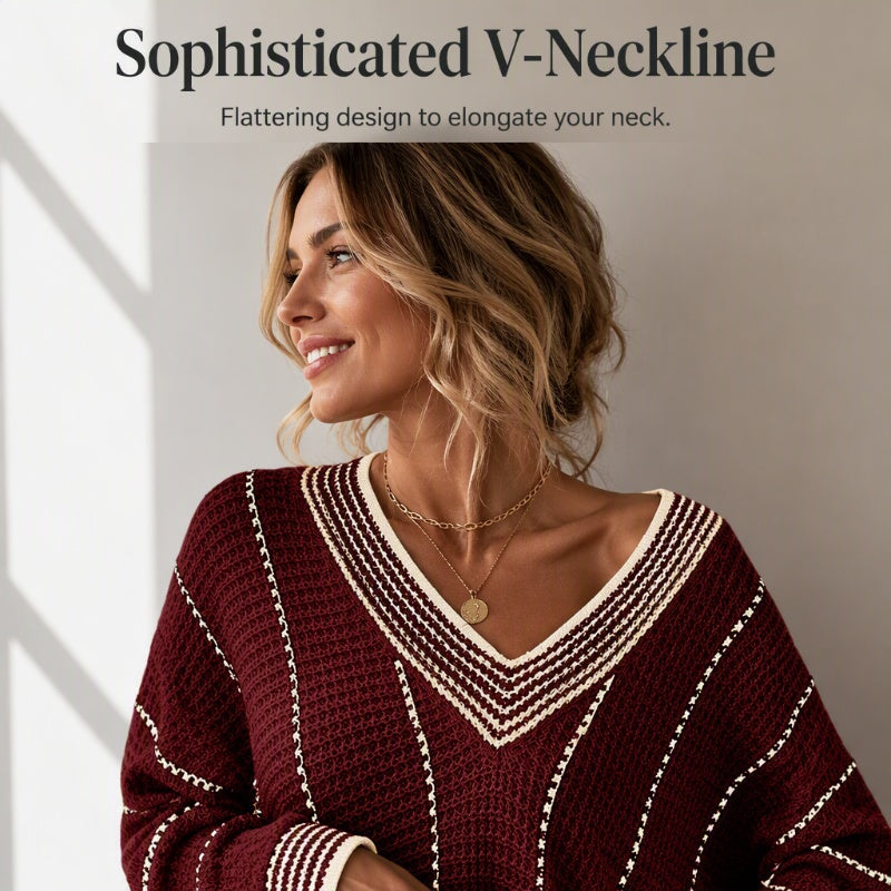 ⌛Limited-Time Offer-Women's Loose Casual V-Neck Striped Sweater