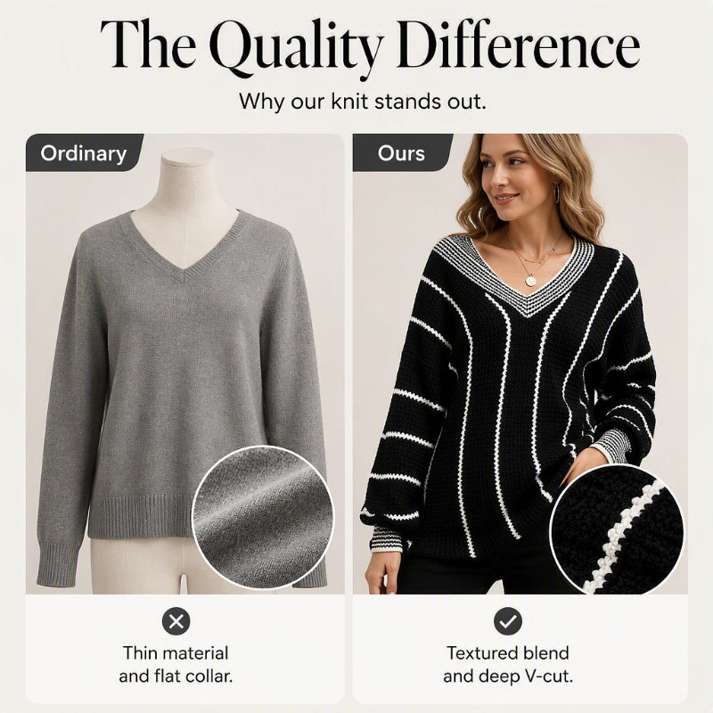 ⌛Limited-Time Offer-Women's Loose Casual V-Neck Striped Sweater