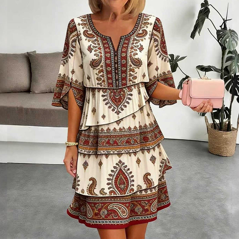 Trending Now⭐👗 Vintage Ethnic Print Tiered Dress – Flowing Layers & Bohemian Charm for Effortless Style