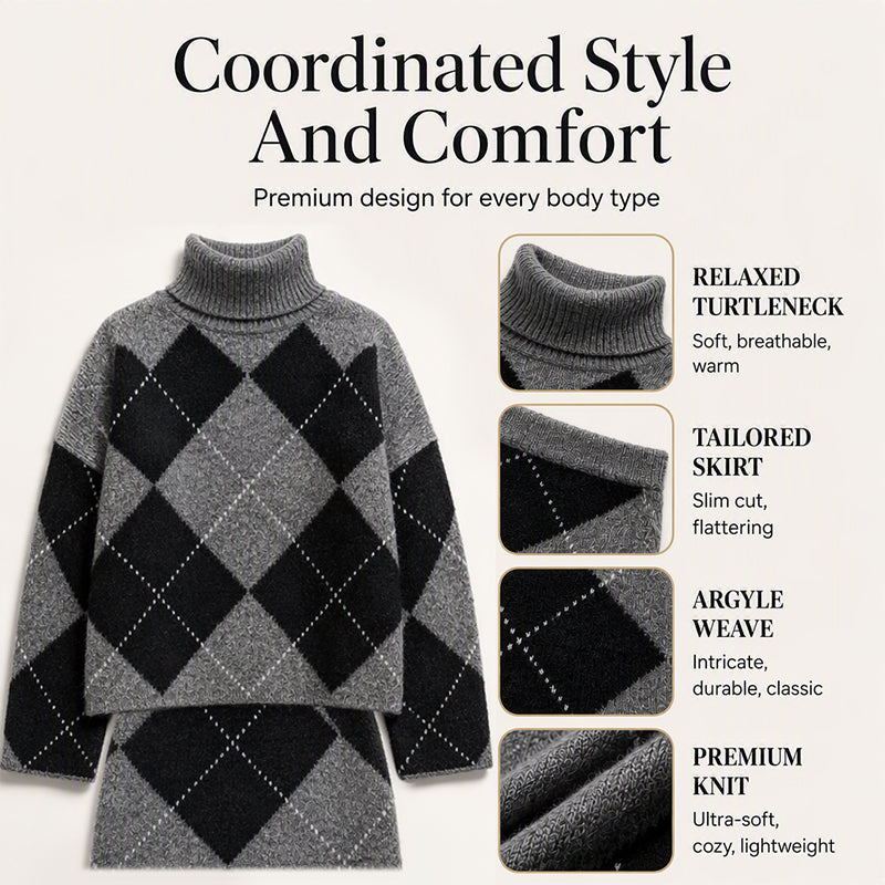 ⏳LAST DAY SALE 🍂✨ Women's Argyle Knit Sweater & Skirt Set – Elegant, Cosy & Effortlessly Chic