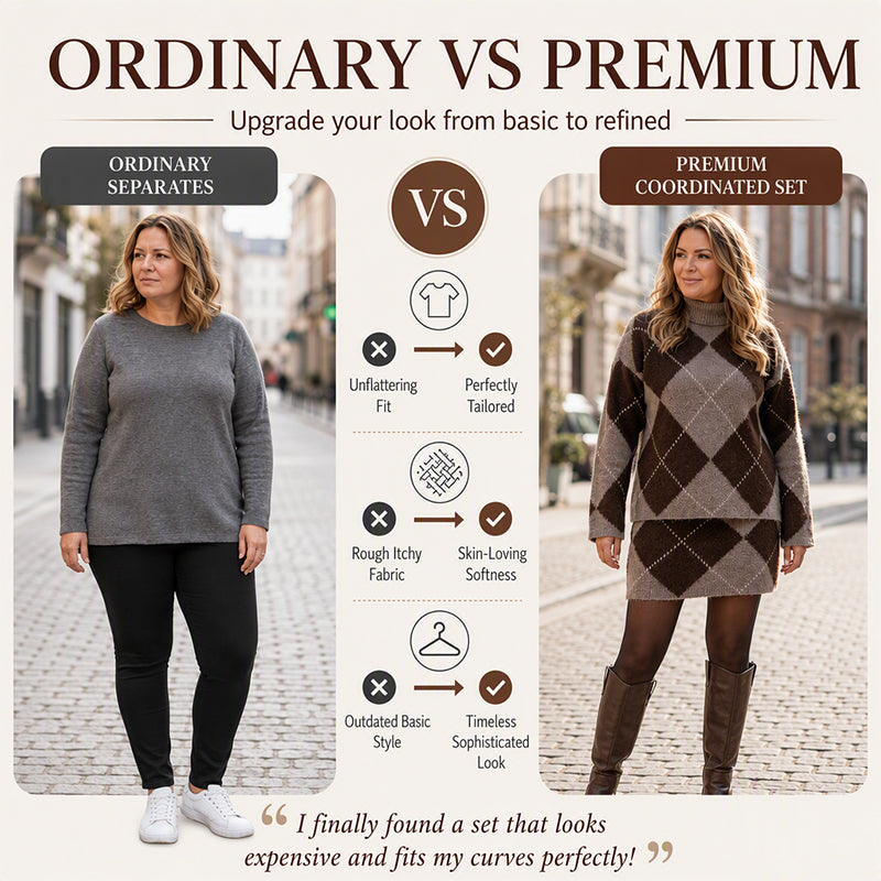 ⏳LAST DAY SALE 🍂✨ Women's Argyle Knit Sweater & Skirt Set – Elegant, Cosy & Effortlessly Chic