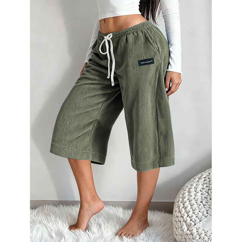 Women's Ribbed Wide-Leg Drawstring Cropped Pants