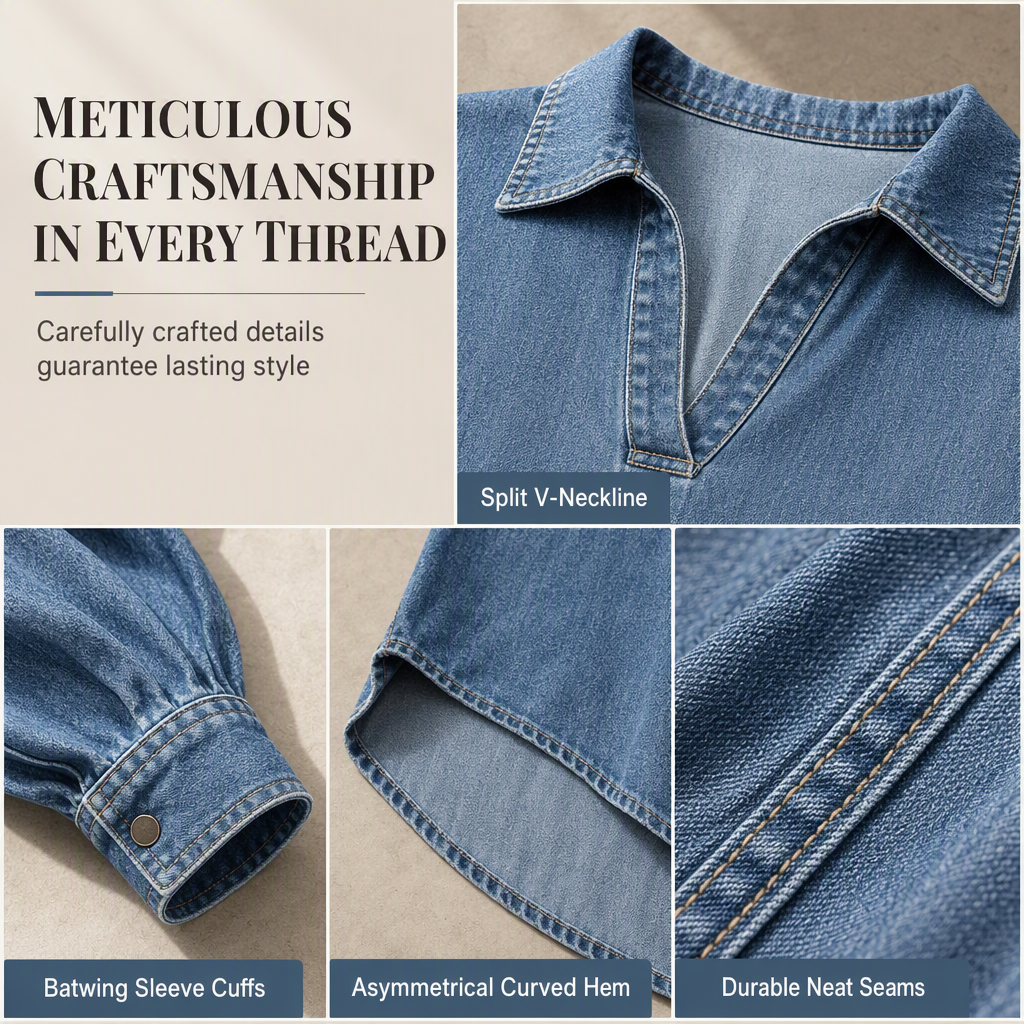 Women's Casual Loose Denim V-Neck Pullover Shirt with Batwing Sleeves and Asymmetrical Hem