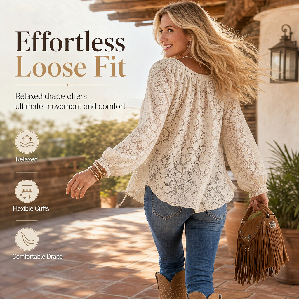 Women's Elegant Loose Fit Long Sleeve Lace Pullover Blouse