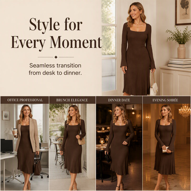 Women's Square Neck Flare Sleeve Midi Dress