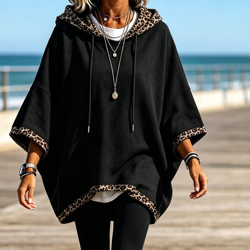 🐆 Leopard Trim, Relaxed Drape | Women's Loose-Fit Hooded Top