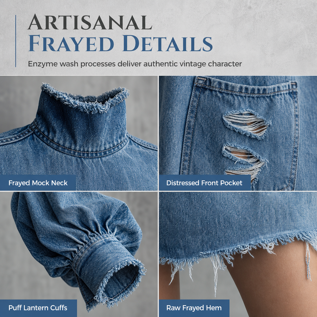 👖 Denim with Drama | Women’s Frayed Mock-Neck Denim Mini Dress with Lantern Sleeves