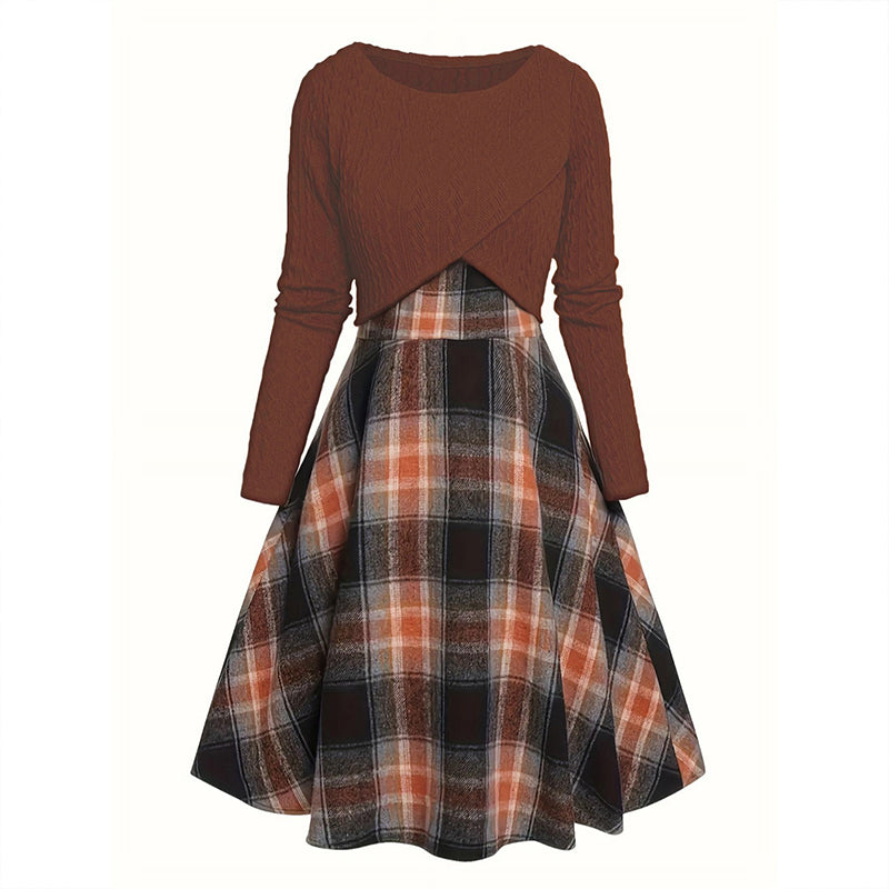 Women's Elegant Plaid Dress and Crop Top Set