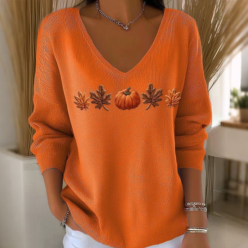 🎃 Playful Seasonal Style | Women’s Pumpkin Print V-Neck Long-Sleeve Top