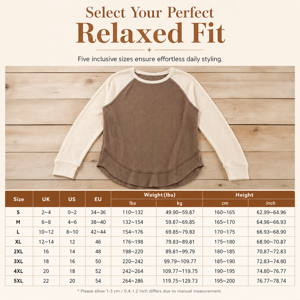 Women's Western Ranch Style Raglan Long Sleeve Knit Top with Textured Waffle Fabric and Curved Hem