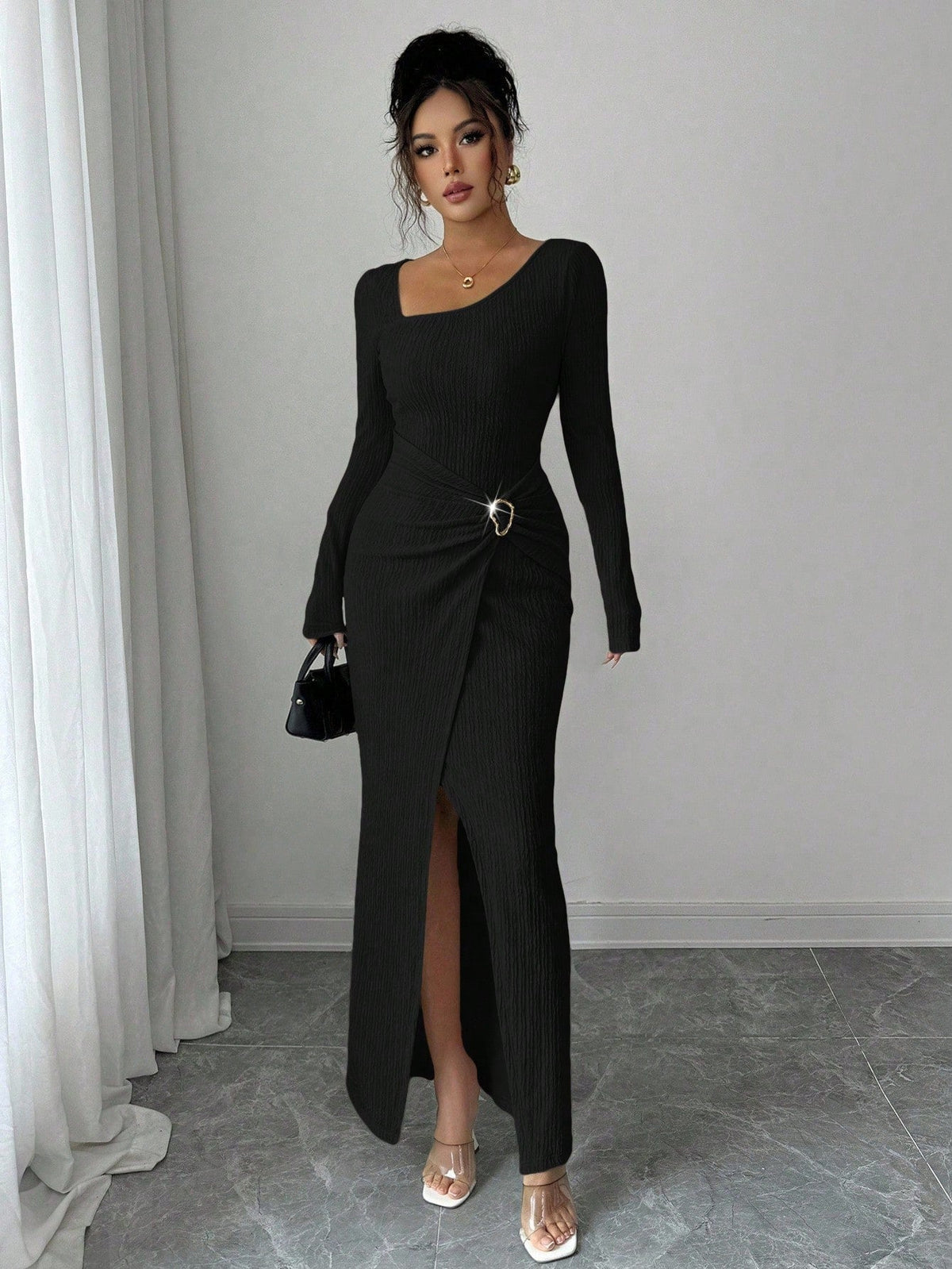 Women's Autumn Winter Solid Color Knit Texture Long Dress with Irregular Neckline