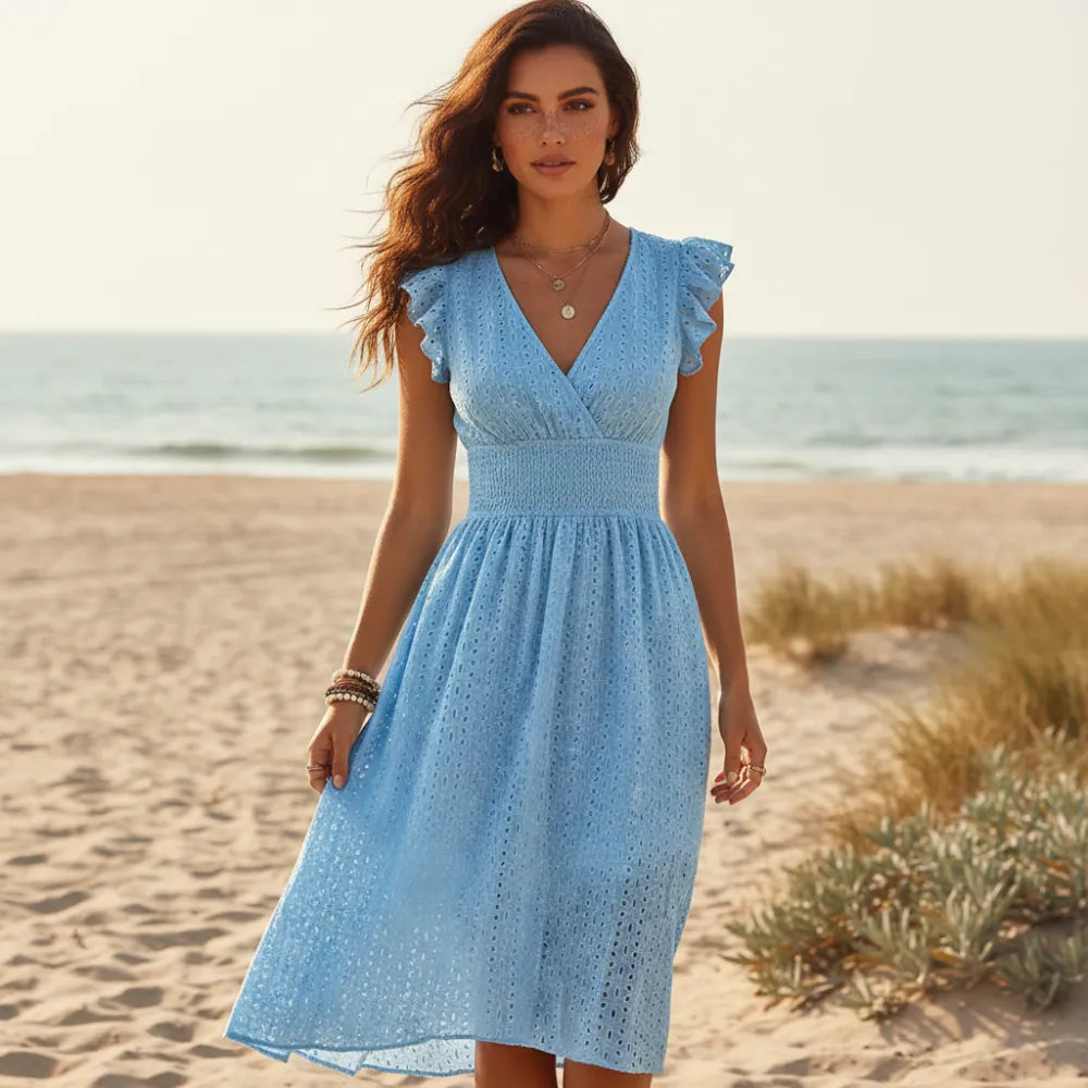 Boho Eyelet Lace Midi Dress