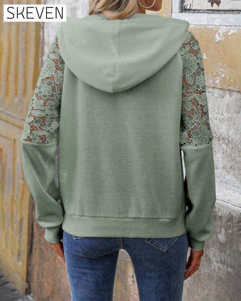 Lässiger Kapuzenpullover mit V-Ausschnitt und langen Ärmeln aus Spitze