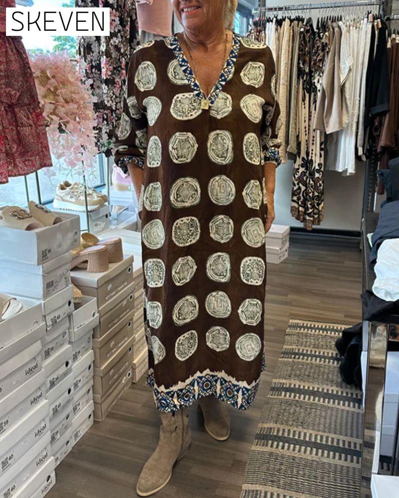 Long-Sleeved V-Neck Printed Dress