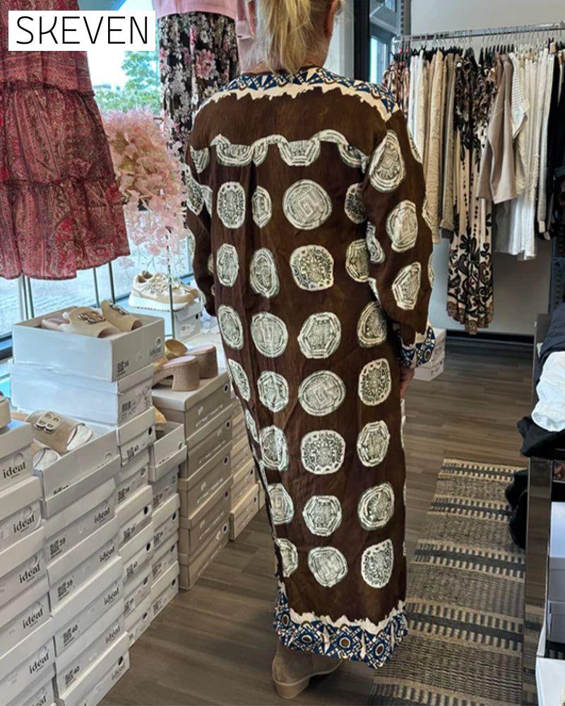 Long-Sleeved V-Neck Printed Dress