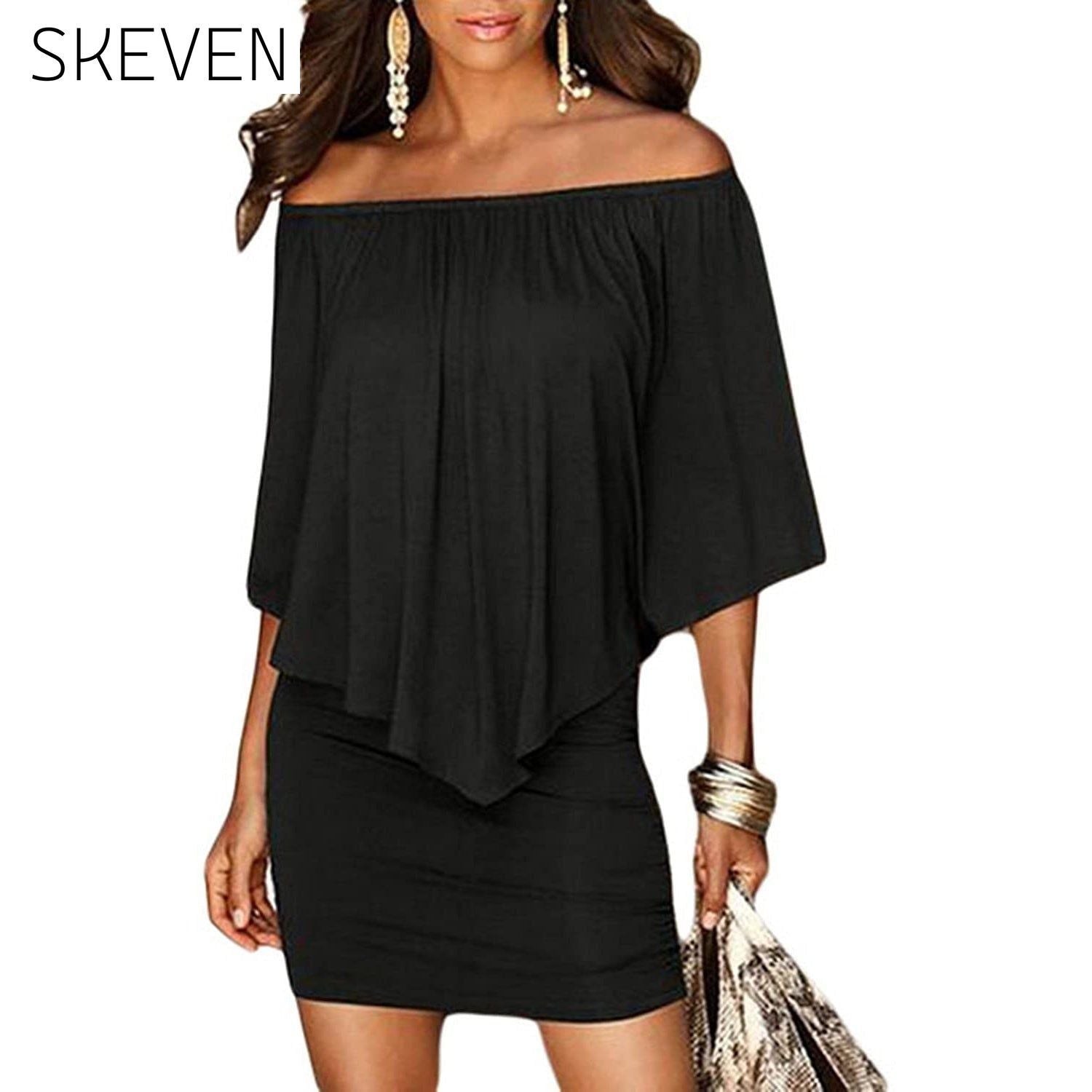 Women Off Shoulder Ruffles Bodycon Mini Dress Black __stock:200 casual dresses clothes dresses refund_fee:1200