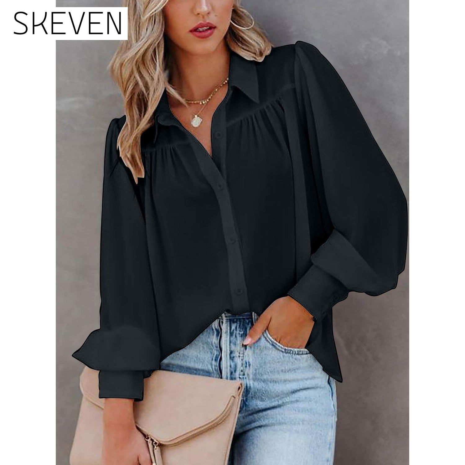 Womens Blouse Shirt Plain Button Long Sleeve Black __stock:200 clothes refund_fee:1200 tops