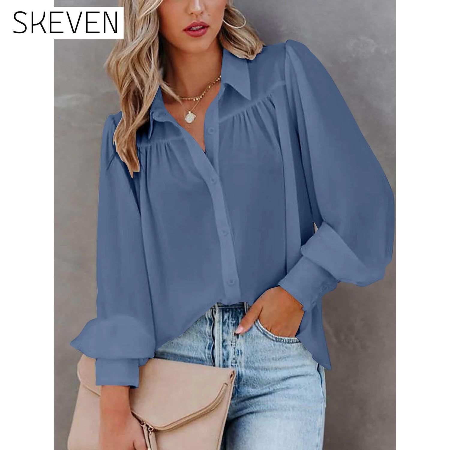 Womens Blouse Shirt Plain Button Long Sleeve Blue __stock:200 clothes refund_fee:1200 tops