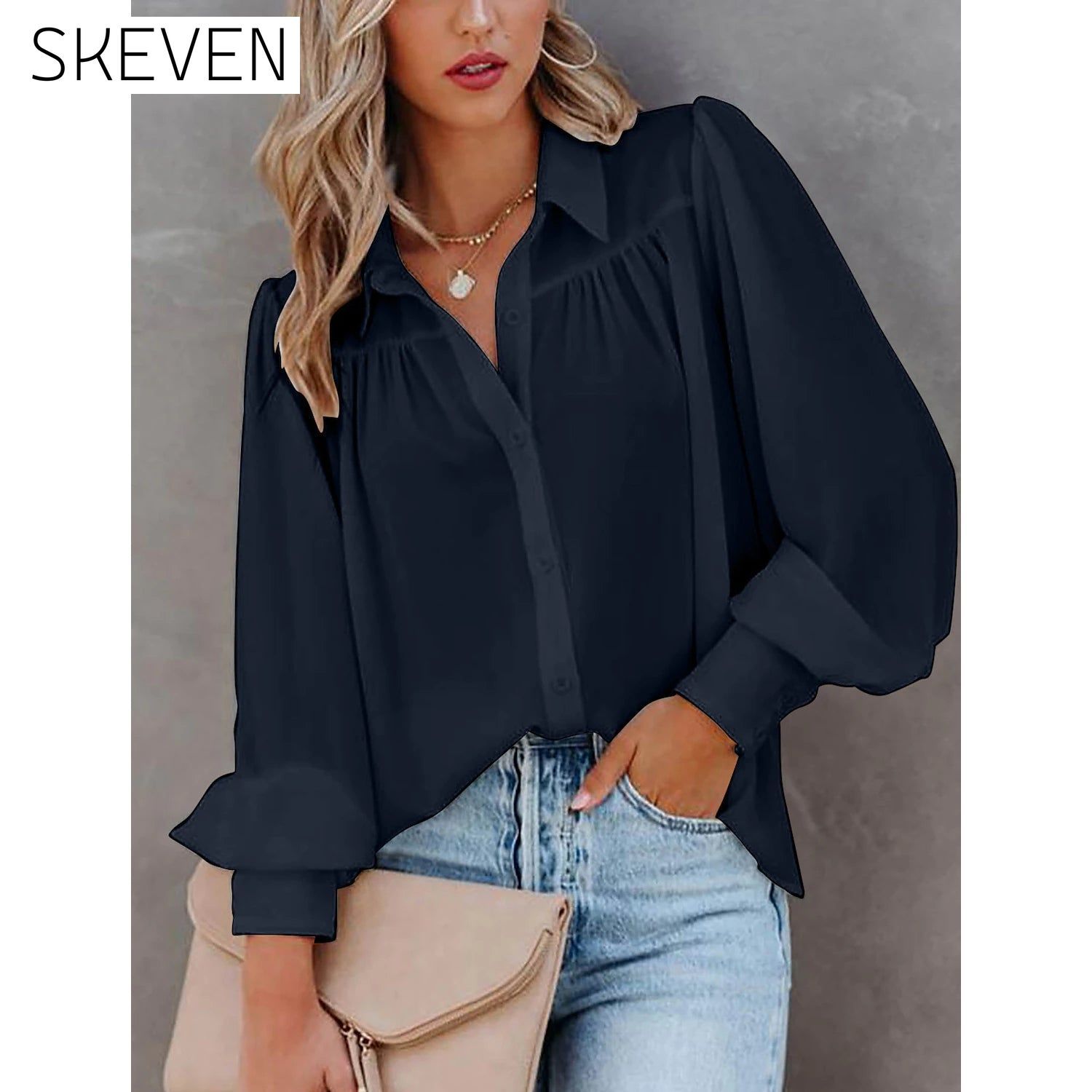 Womens Blouse Shirt Plain Button Long Sleeve Navy Blue __stock:200 clothes refund_fee:1200 tops