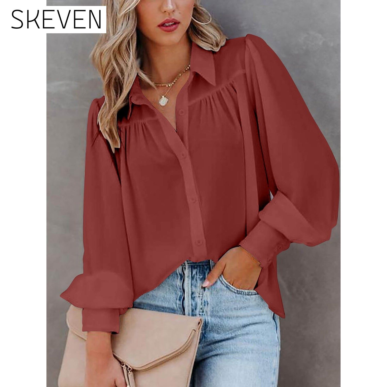 Womens Blouse Shirt Plain Button Long Sleeve Orange __stock:200 clothes refund_fee:1200 tops