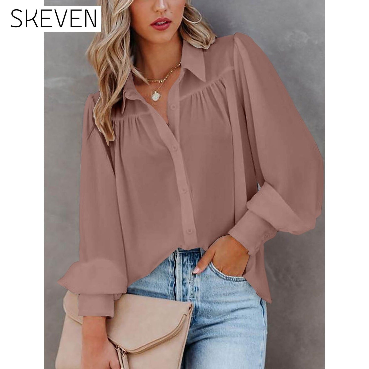 Womens Blouse Shirt Plain Button Long Sleeve Pink __stock:200 clothes refund_fee:1200 tops