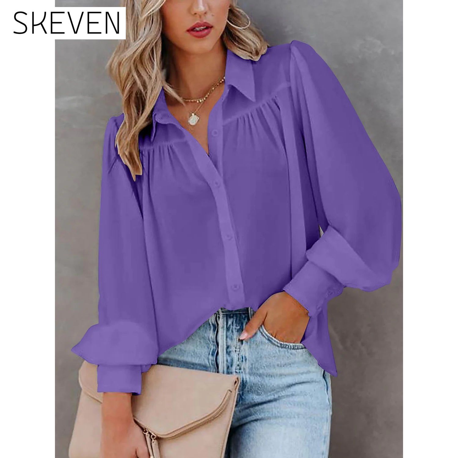 Womens Blouse Shirt Plain Button Long Sleeve Purple __stock:200 clothes refund_fee:1200 tops