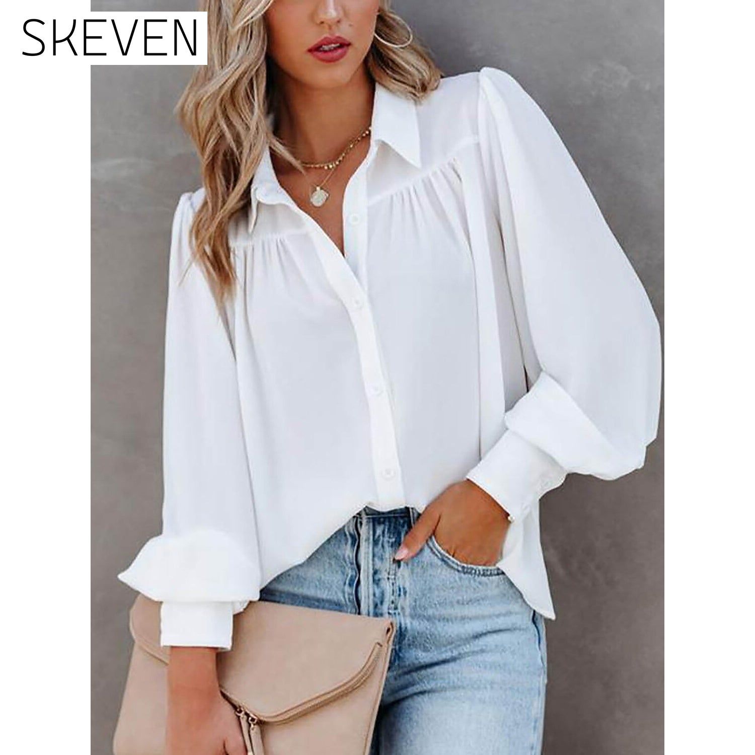 Womens Blouse Shirt Plain Button Long Sleeve White __stock:200 clothes refund_fee:1200 tops