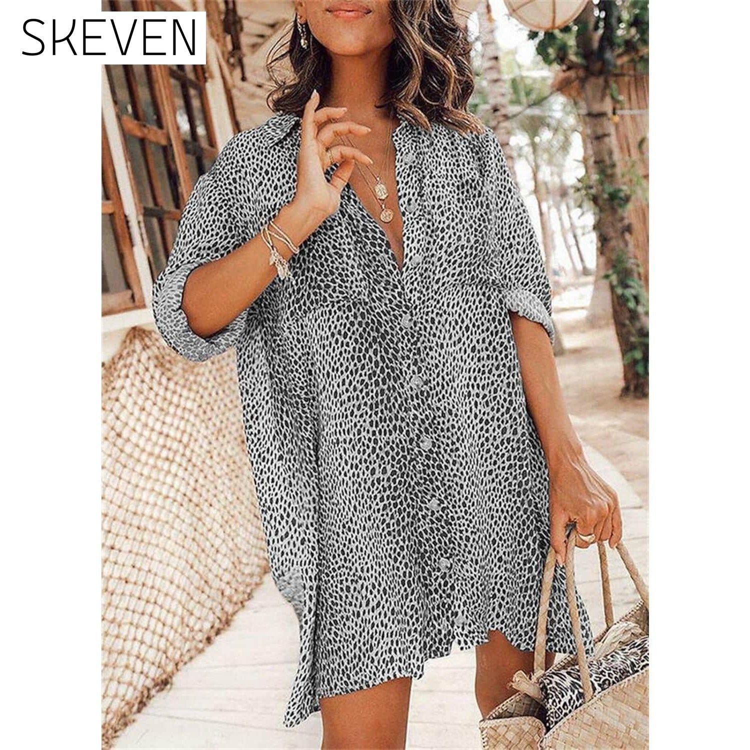 Women's Casual Leopard Print Shirt Dress Gray __stock:200 casual dresses clothes dresses refund_fee:1200