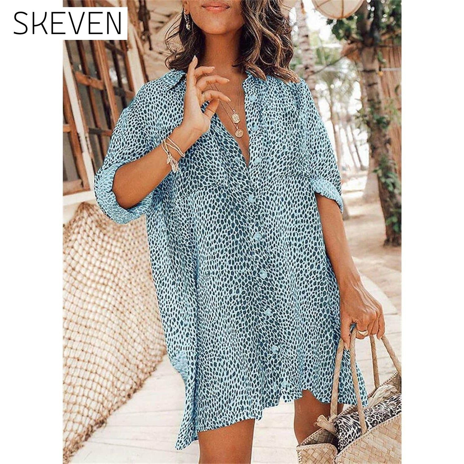 Women's Casual Leopard Print Shirt Dress Light Blue __stock:200 casual dresses clothes dresses refund_fee:1200