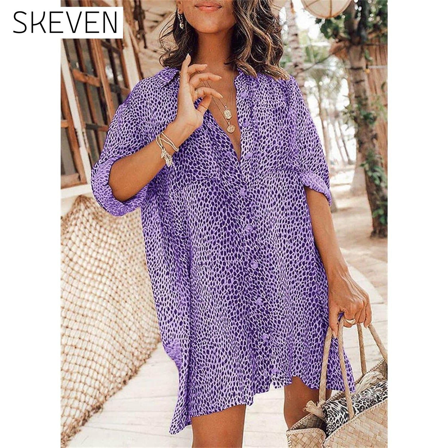 Women's Casual Leopard Print Shirt Dress Purple __stock:200 casual dresses clothes dresses refund_fee:1200
