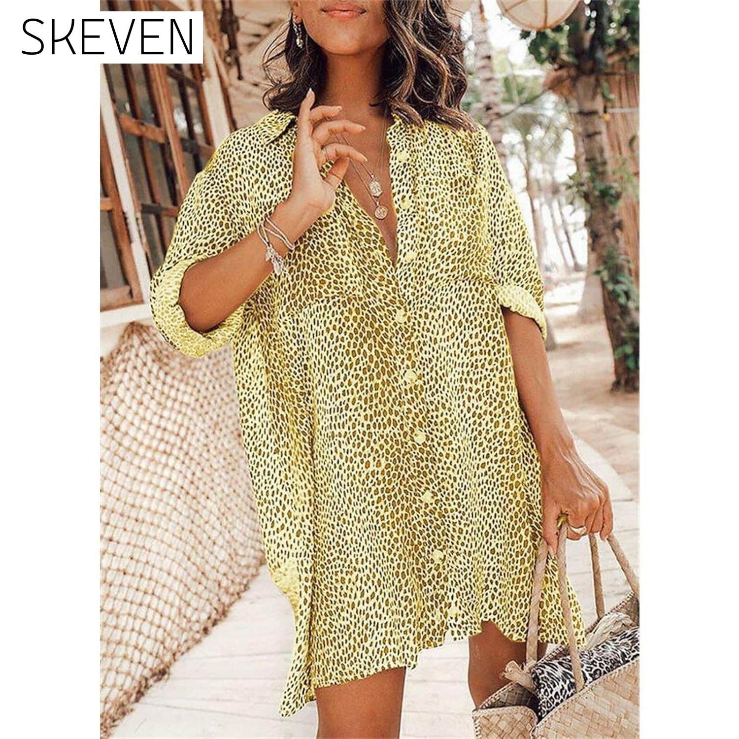 Women's Casual Leopard Print Shirt Dress Yellow __stock:200 casual dresses clothes dresses refund_fee:1200