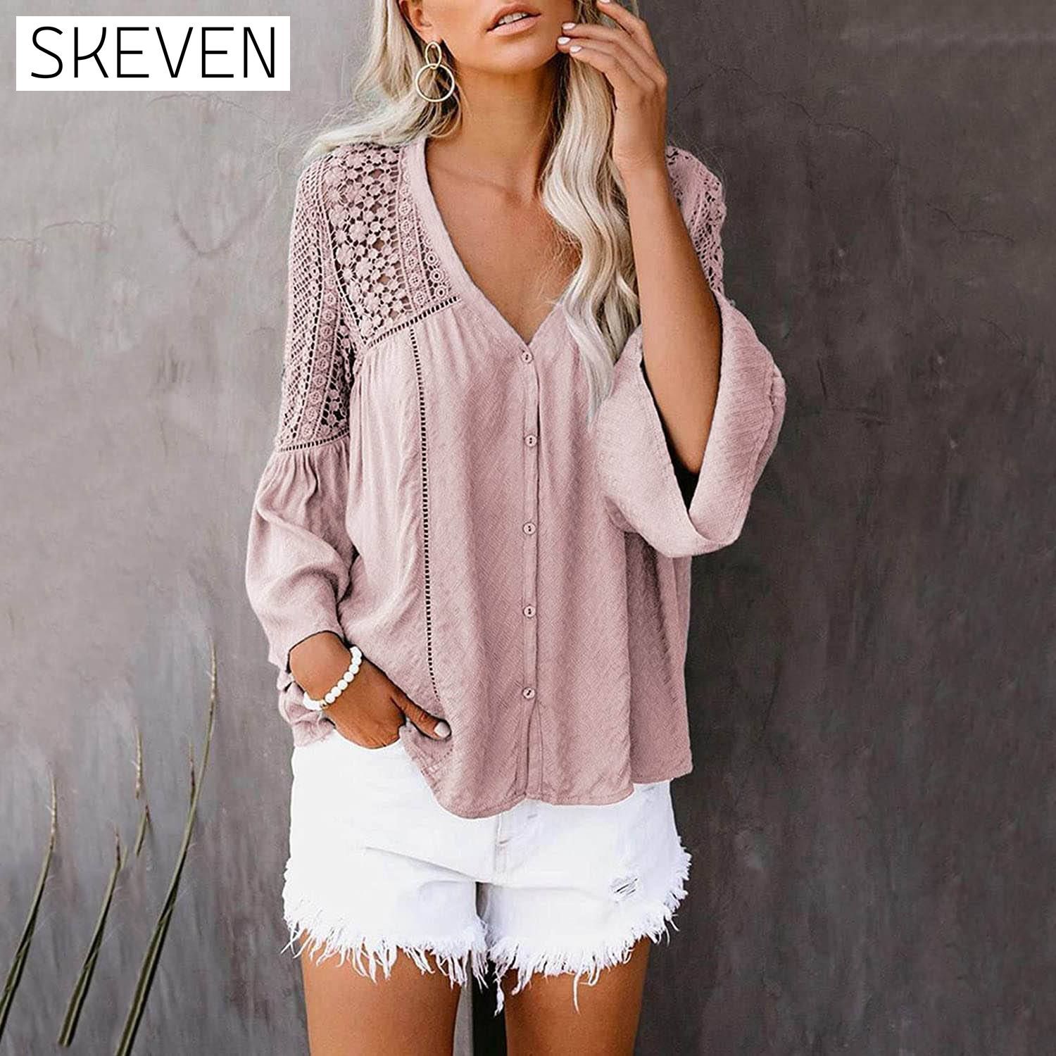 Women's Lace Crochet V Neck 3/4 Sleeve Button Down Blouses Casual Shirts Tops __stock:100 clothes refund_fee:1200 tops