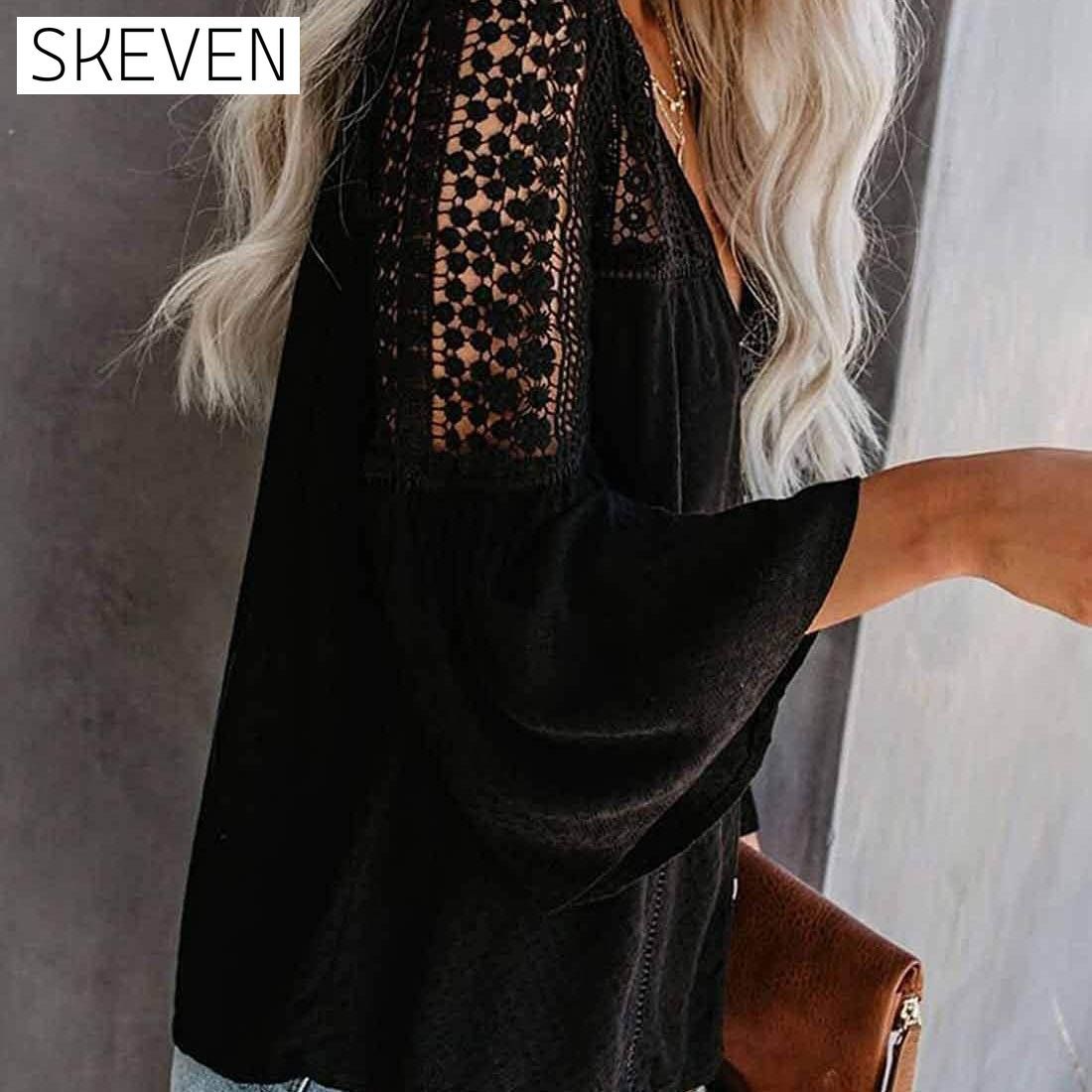 Women's Lace Crochet V Neck 3/4 Sleeve Button Down Blouses Casual Shirts Tops __stock:100 clothes refund_fee:1200 tops