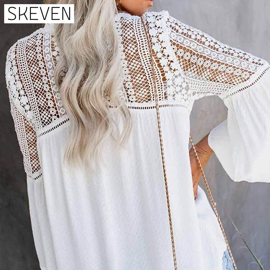 Women's Lace Crochet V Neck 3/4 Sleeve Button Down Blouses Casual Shirts Tops __stock:100 clothes refund_fee:1200 tops