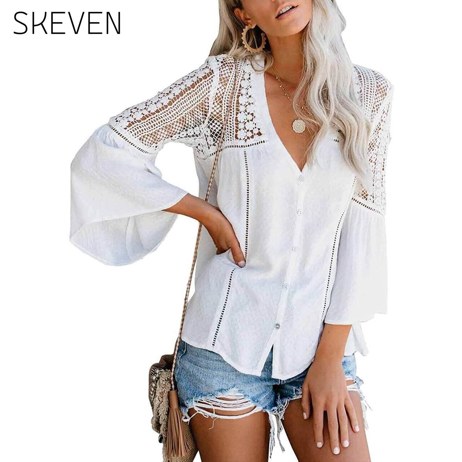 Women's Lace Crochet V Neck 3/4 Sleeve Button Down Blouses Casual Shirts Tops White __stock:100 clothes refund_fee:1200 tops