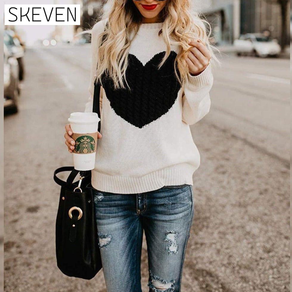 Women's Long Sleeve Crewneck Cute Heart Knitted Sweaters __stock:500 clothes refund_fee:1200 tops
